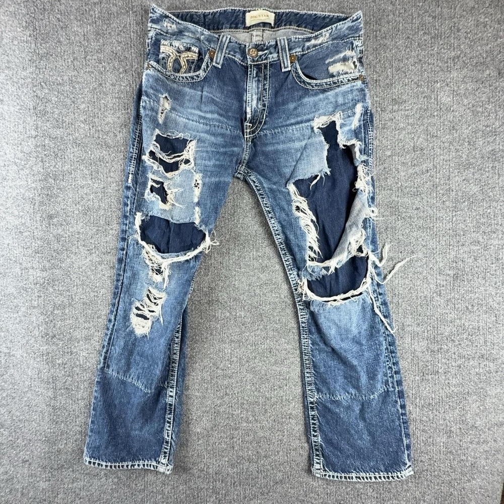 Big Star Union Jeans Mens 36x28 Blue Regular Straight Distressed Patch Denim